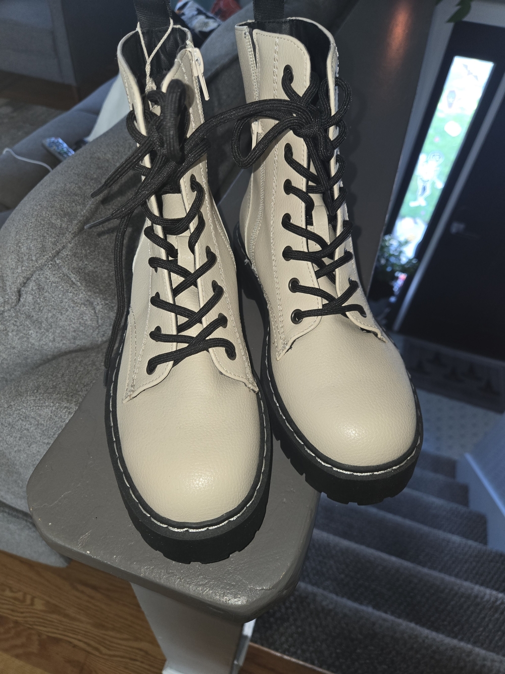 Sincerly Jules Cream Combat Boots with Black Laces
